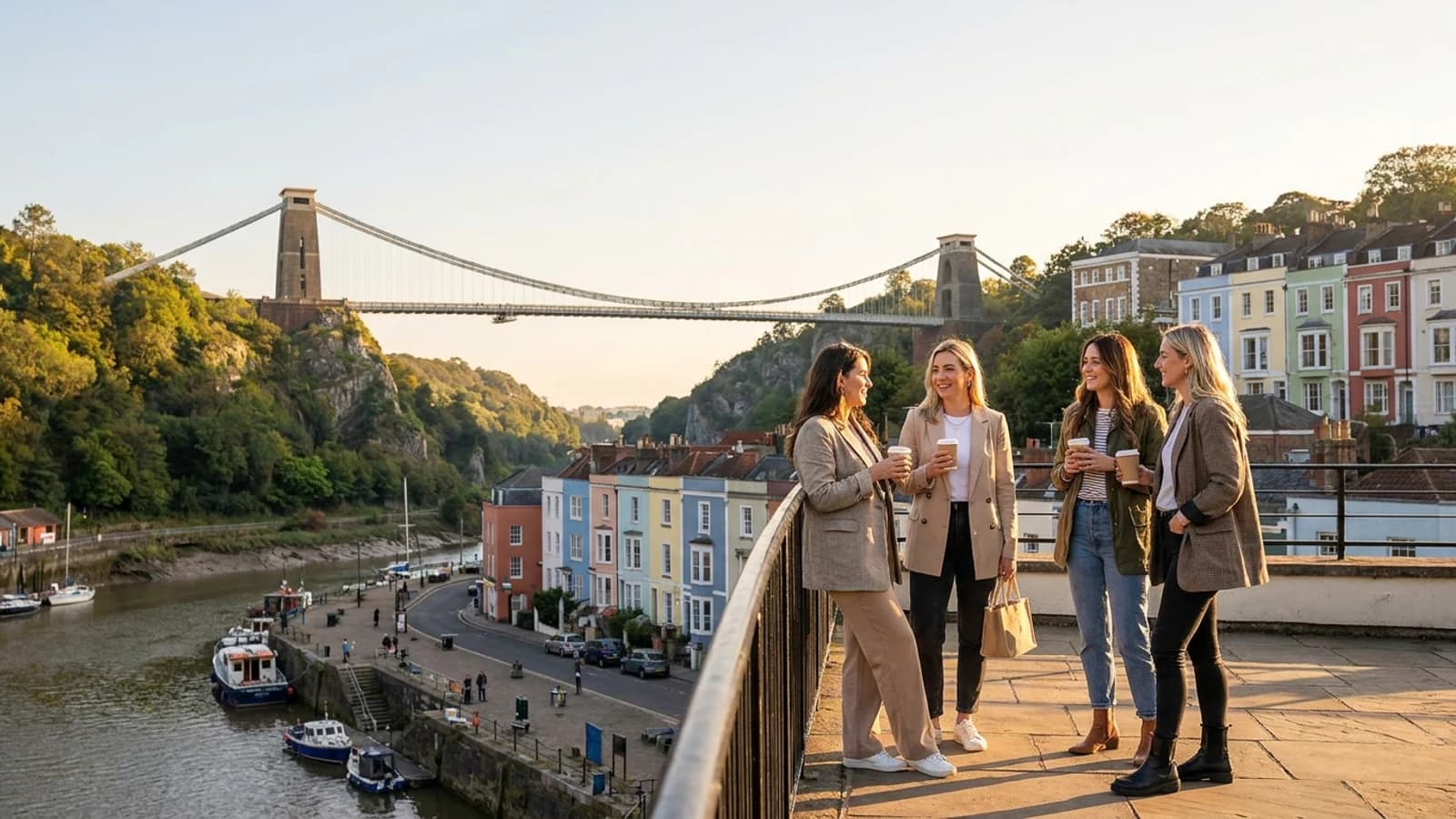 Premium hen weekend scene in Bristol with a small group of stylish adult women and recognisable destination cues