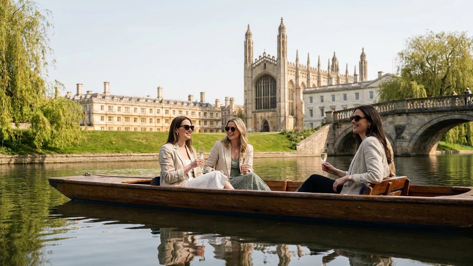 Premium hen weekend scene in Cambridge with a small group of stylish adult women and recognisable destination cues