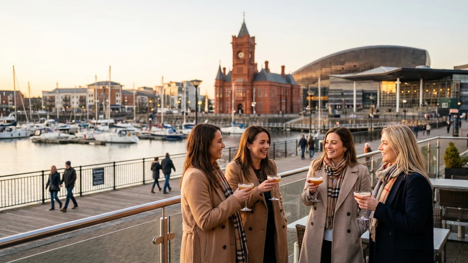Premium hen weekend scene in Cardiff with a small group of stylish adult women and recognisable destination cues