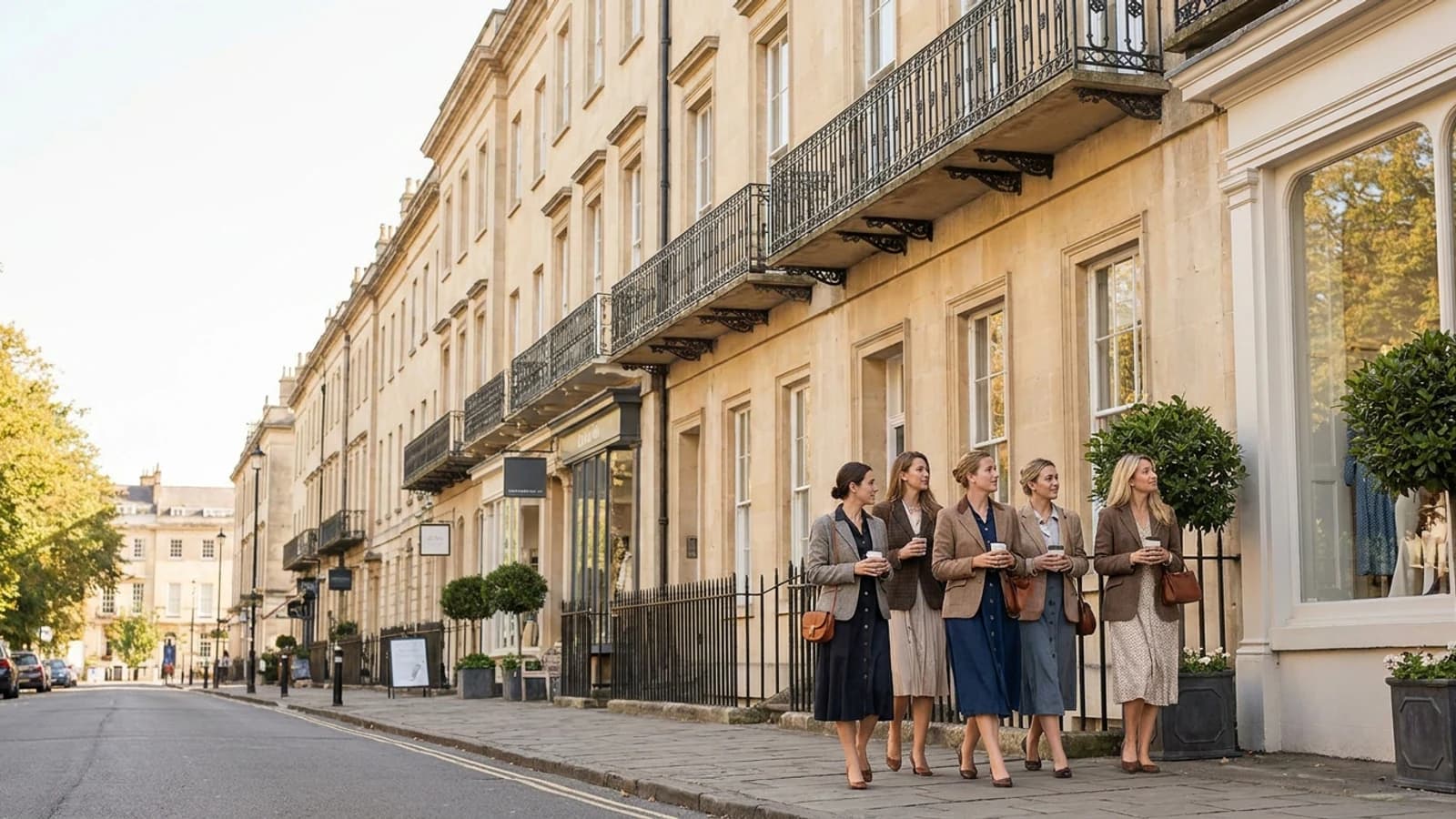 Premium hen weekend scene in Cheltenham with a small group of stylish adult women and recognisable destination cues