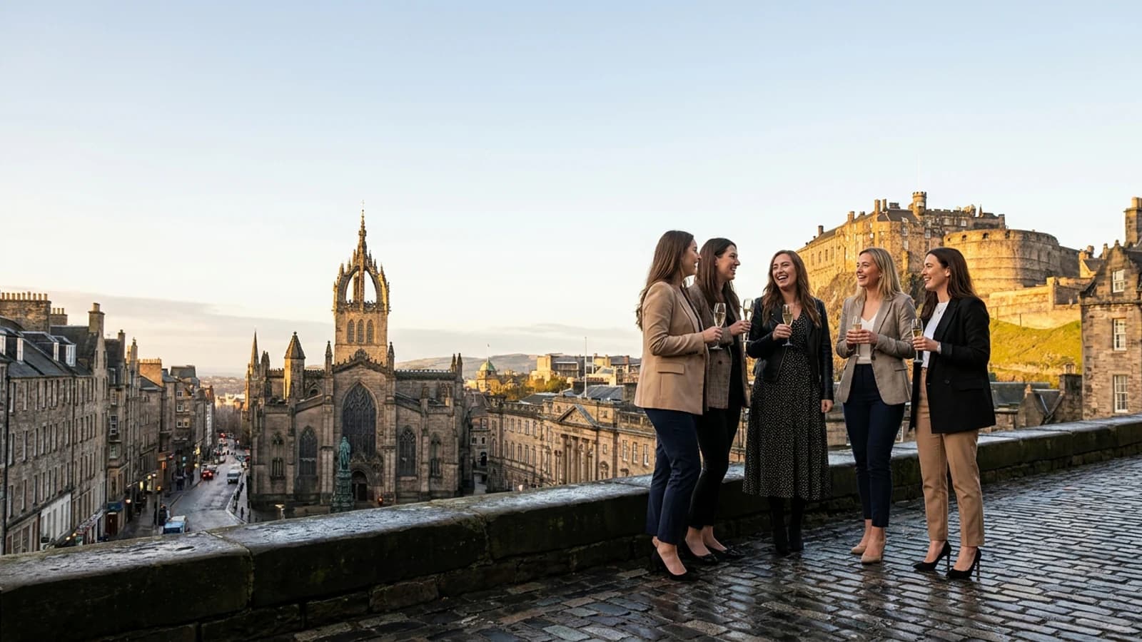 Premium hen weekend scene in Edinburgh with a small group of stylish adult women and recognisable destination cues
