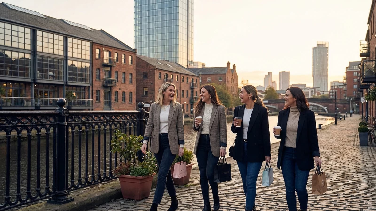 Premium hen weekend scene in Manchester with a small group of stylish adult women and recognisable destination cues