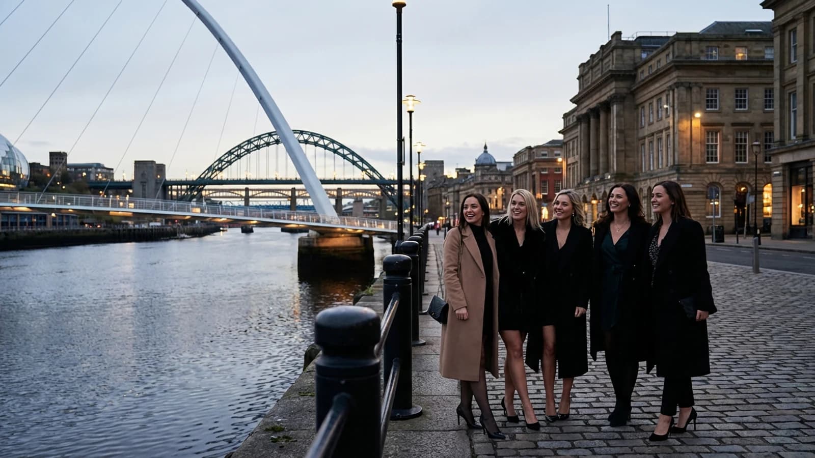 Premium hen weekend scene in Newcastle with a small group of stylish adult women and recognisable destination cues