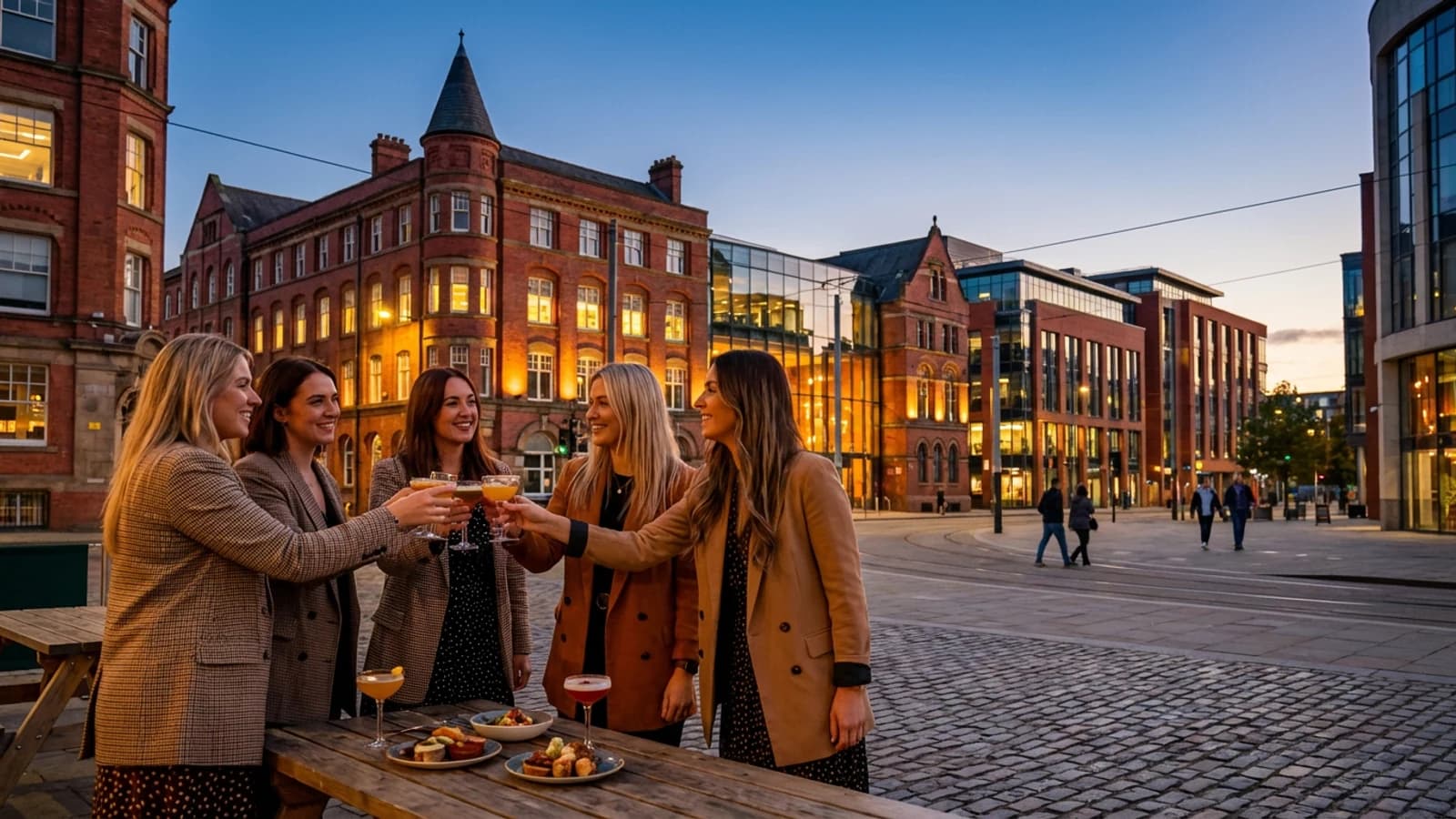 Premium hen weekend scene in Nottingham with a small group of stylish adult women and recognisable destination cues