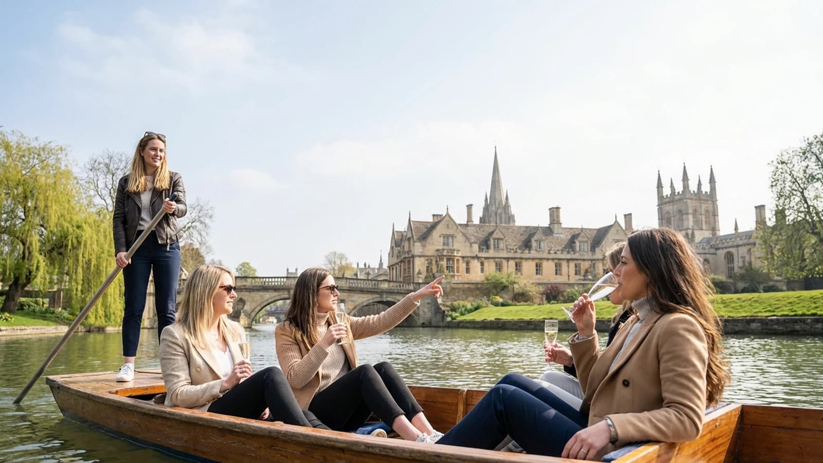 Premium hen weekend scene in Oxford with a small group of stylish adult women and recognisable destination cues