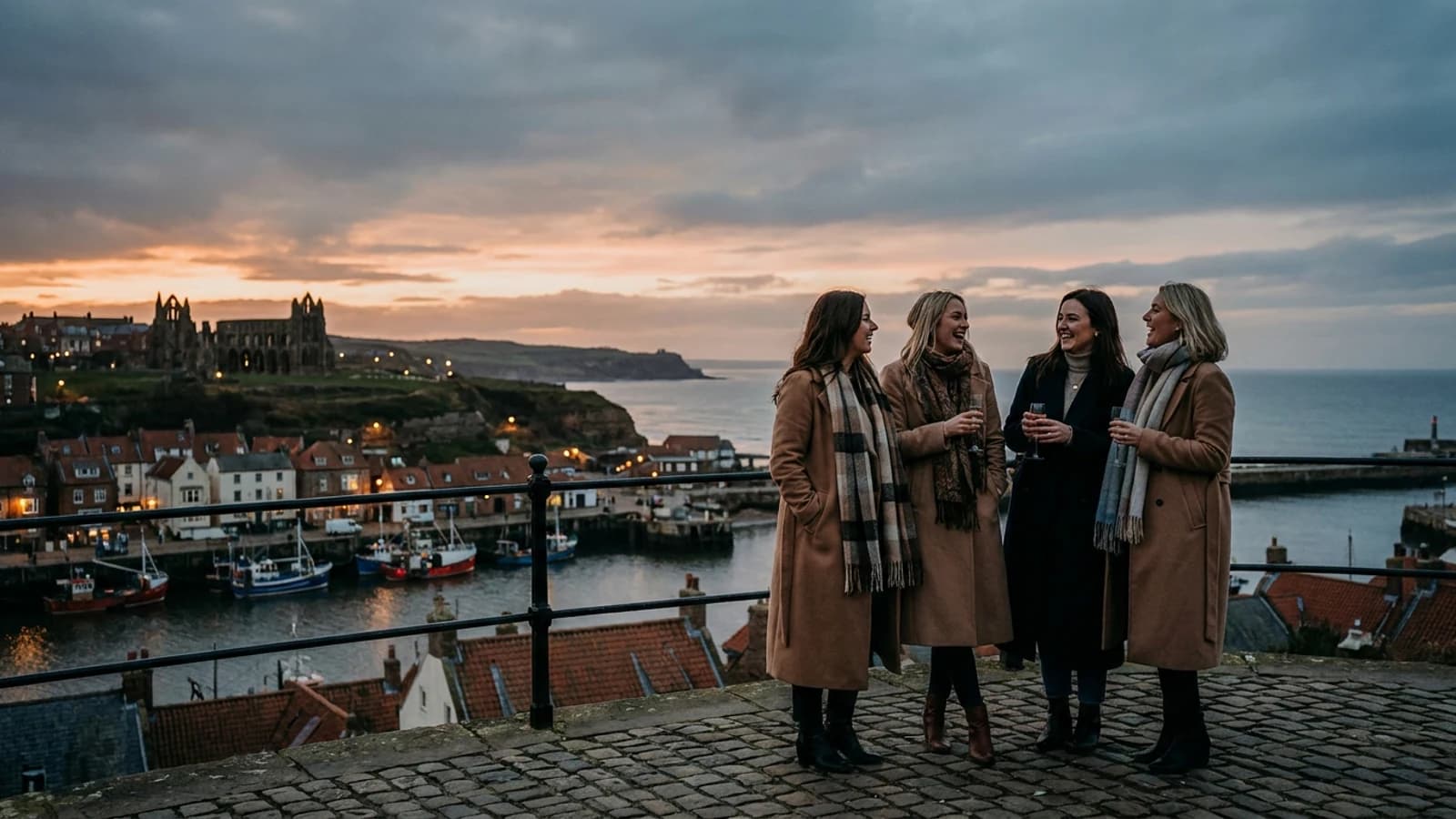 Premium hen weekend scene in Whitby with a small group of stylish adult women and recognisable destination cues