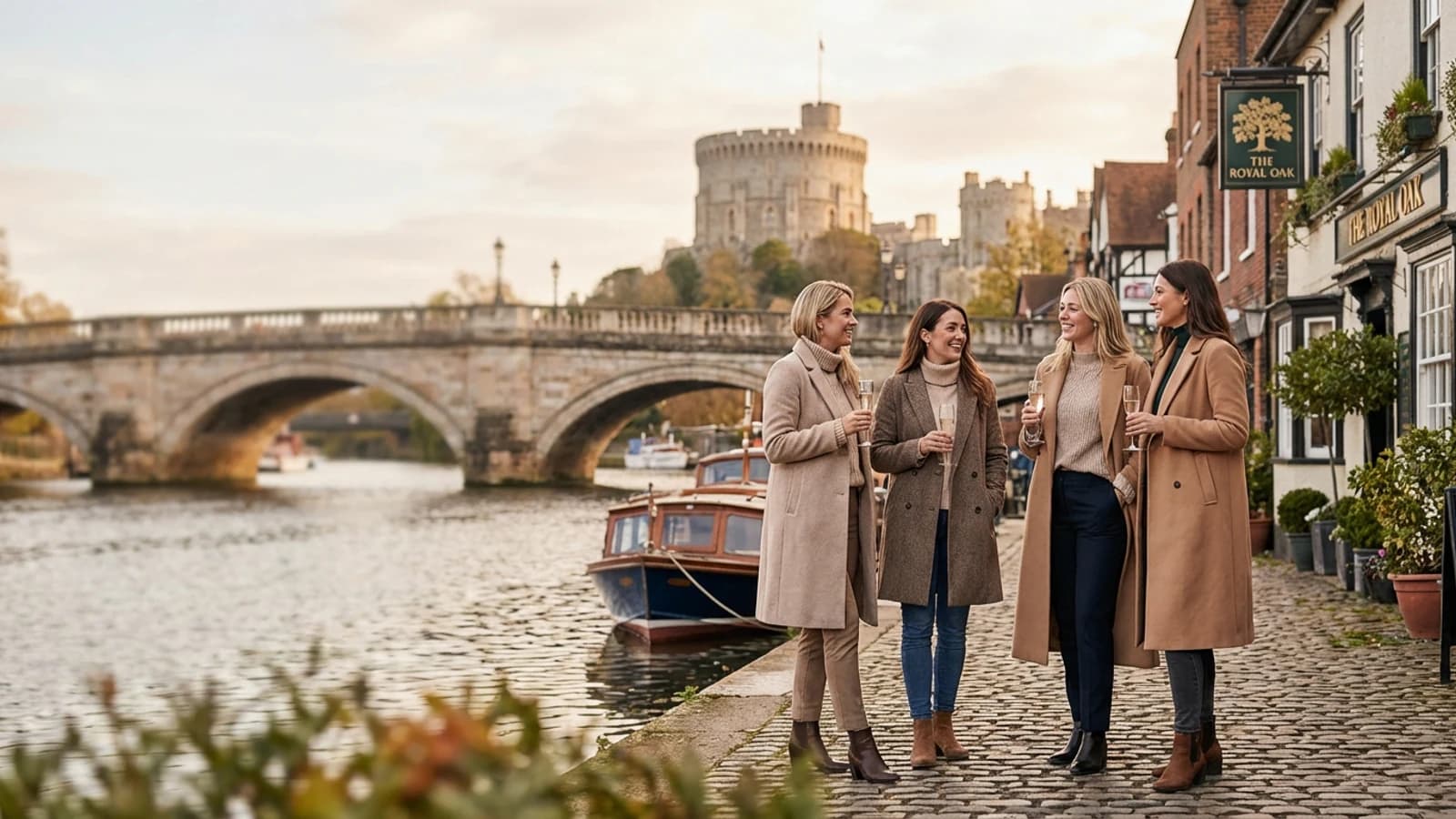 Premium hen weekend scene in Windsor with a small group of stylish adult women and recognisable destination cues