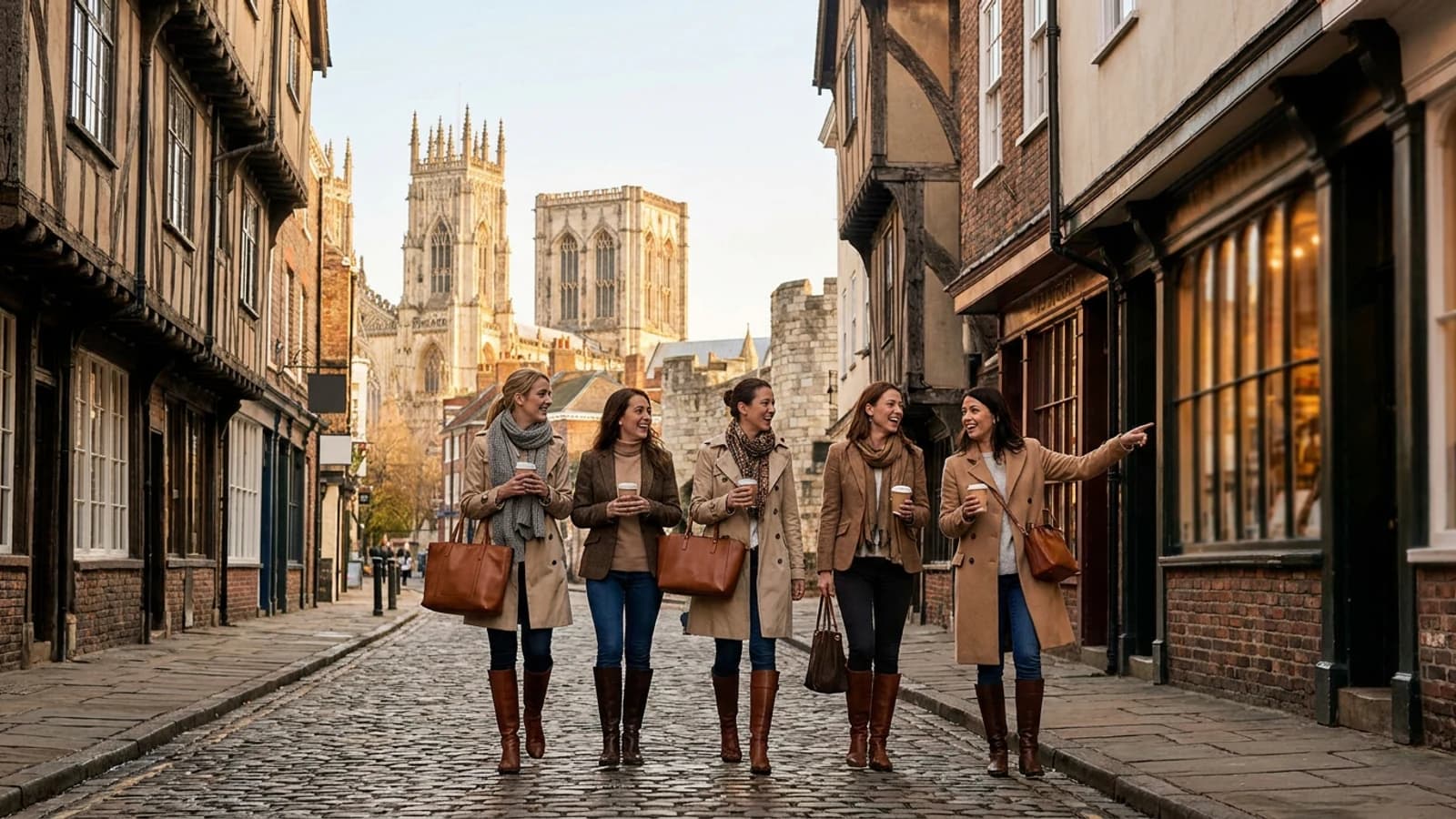 Premium hen weekend scene in York with a small group of stylish adult women and recognisable destination cues
