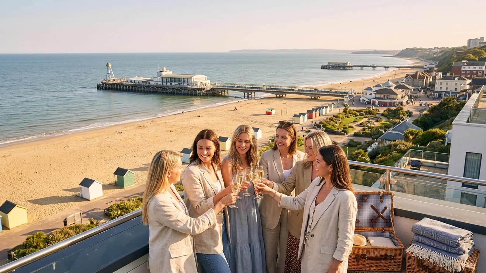Hen weekend setting in Bournemouth with recognisable local cues and an adult group atmosphere