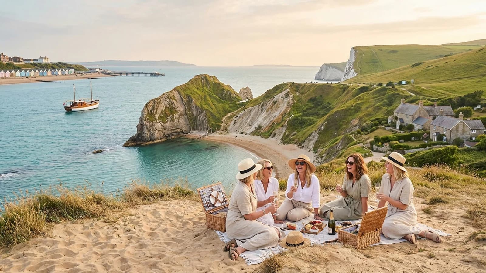 Hen weekend setting in Dorset with recognisable local cues and an adult group atmosphere