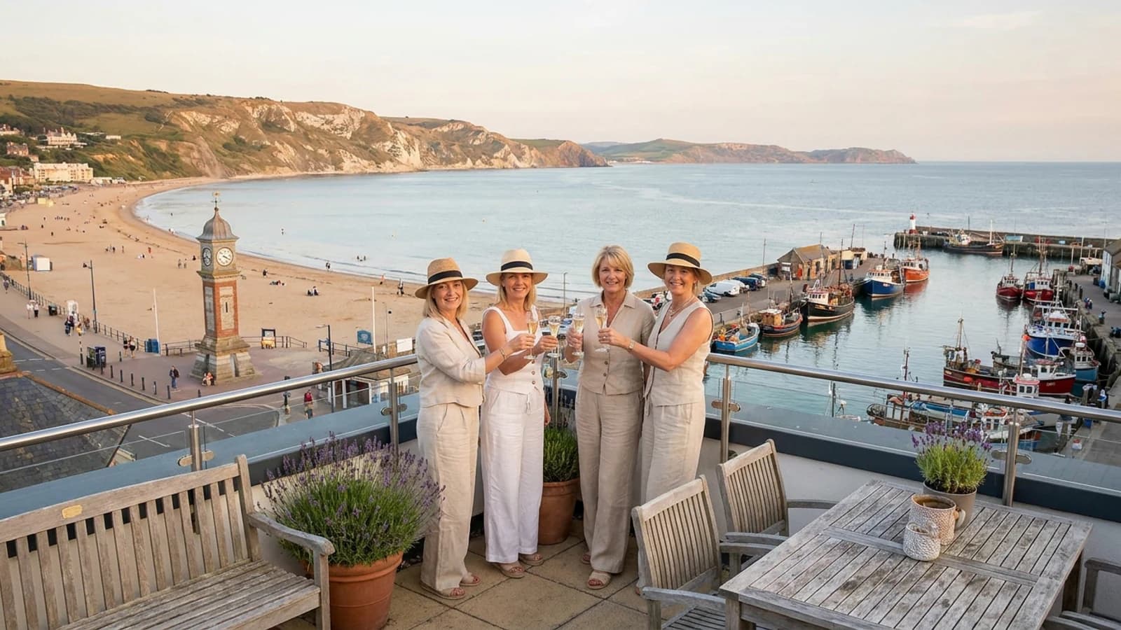 Hen weekend setting in Weymouth with recognisable local cues and an adult group atmosphere