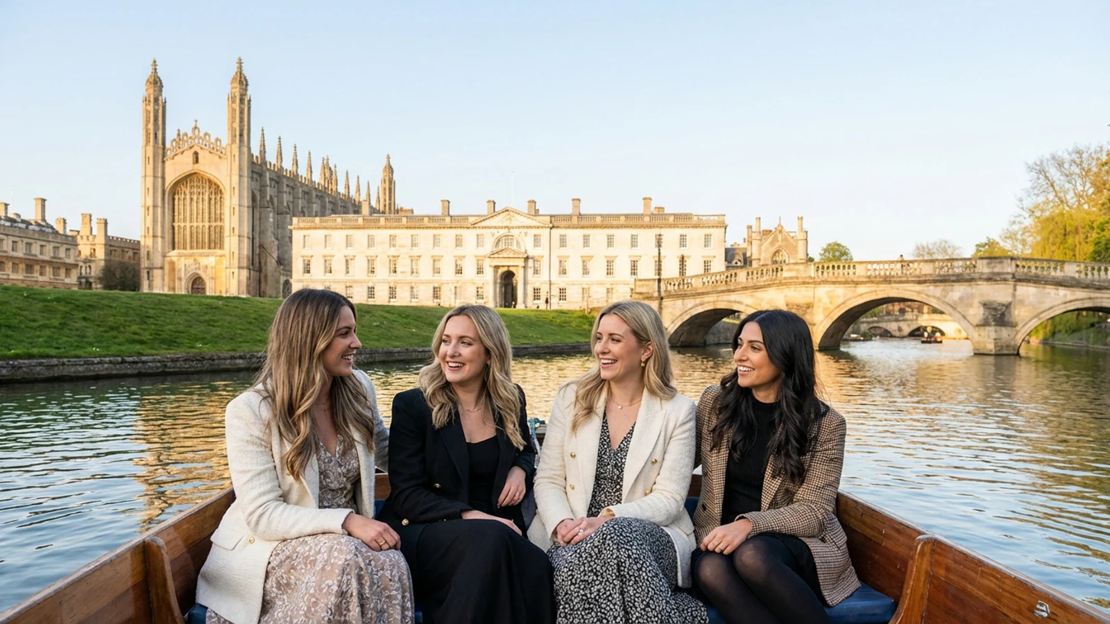 Premium hen weekend scene in Cambridge with a small group of stylish adult women and recognisable destination cues