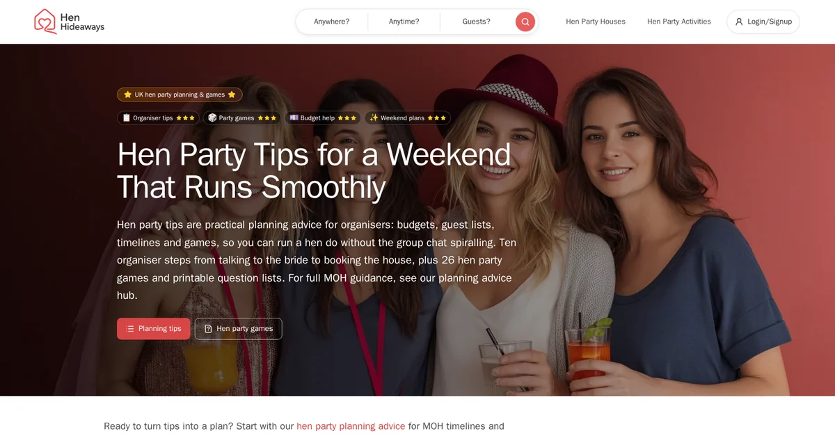 Hen Party Planning Tips UK | 26 Games & MOH Guide | Hen Hideaways